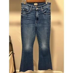 Mother The Weekender Flared Jeans Blue Stretch Raw Hem 5-Pocket Medium Wash